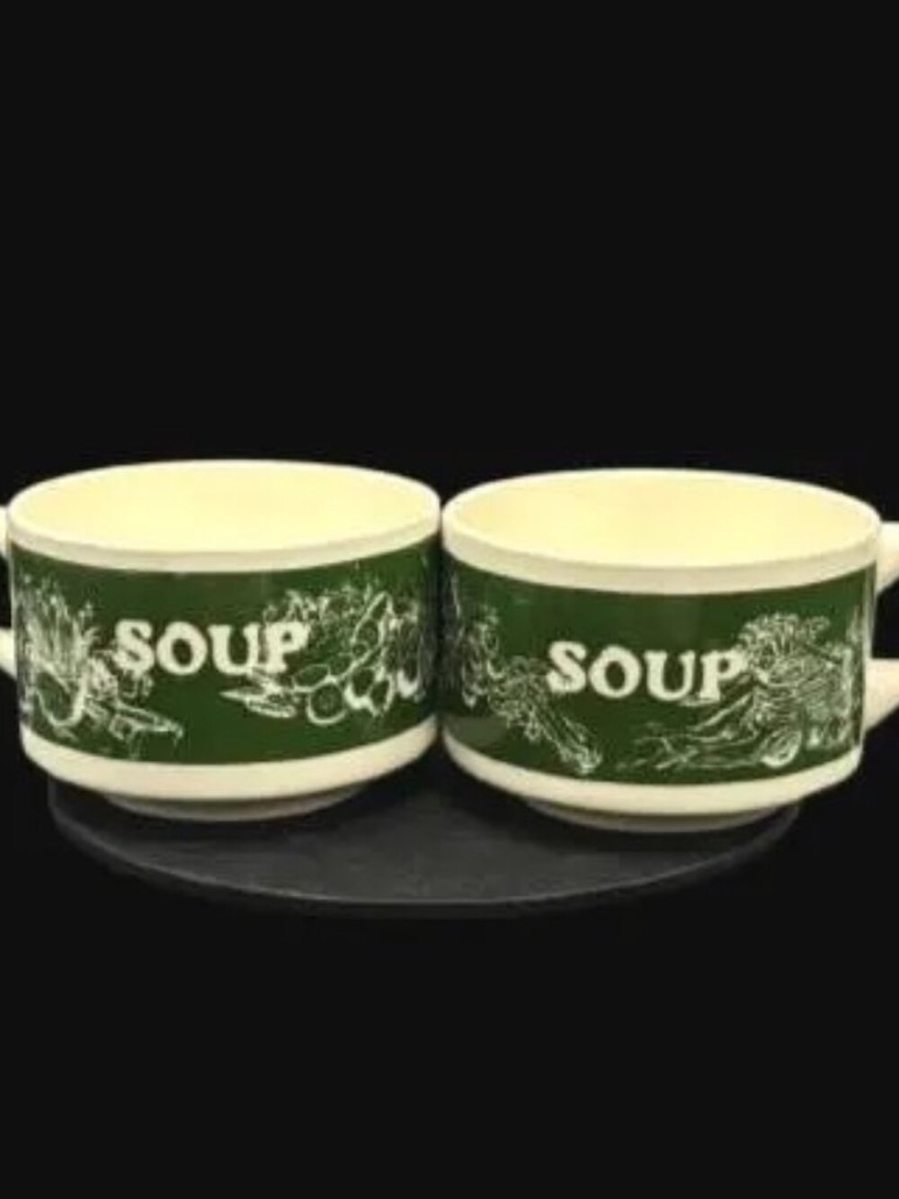 Vintage 1970's USA Pottery Vegetable Soup Mug Bowl Green Set of 2 - Picture 5 of 5